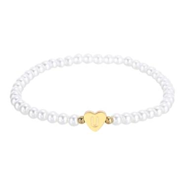 Imagem de PATIKIL Pulseira feminina com inicial de pérola, pingente de coração dourado, delicada, pérola, letras, pulseiras femininas, One Size, cordão, Sem Pedra Preciosa