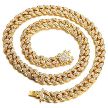 Imagem de genkigold Corrente de elos cubanos de diamante dourado para crianças, meninos e adolescentes - Colar com pulseira banhada a ouro real 18 K / ouro branco platina/ródio preto/ouro rosa - 14 mm de