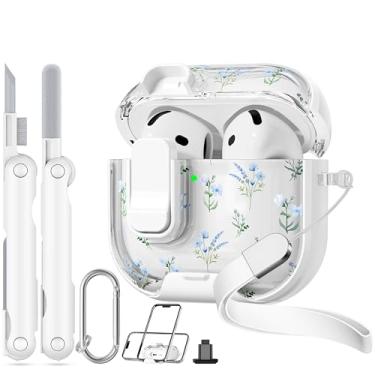 Imagem de Skyconser Capa com trava de segurança para Apple AirPods 4, capa floral transparente para AirPod 4ª geração com suporte de telefone e kit de limpeza para mulheres, narciso azul