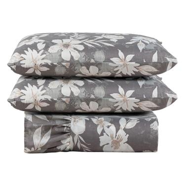 Imagem de Kit Cobre Leito Colcha Turin Casal Estampada C/ Babado 400 Fios 3 Peças Florido Flores Cinza - 100% Poliéster