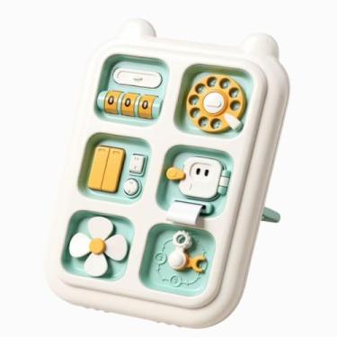 Imagem de Painel de Atividades Infantil Educativo Brinquedo Interativo com 6 Estímulos Base de Apoio Design Minimalista em Branco e Verde Menta