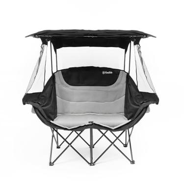 Imagem de Fontela Cadeira de Acampamento Dupla com Sombra, Dobrável, Preta e Cinza, Estrutura de Aço, Toldo Removível, Ideal para Acampamento, Pesca, Praia e Atividades ao Ar Livre