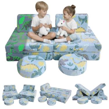 Imagem de MeMoreCool Sofá modular brilhante para crianças, conjunto de 8 peças conversível de sofá de espuma com design de dinossauro brilhante para crianças e sala de jogos