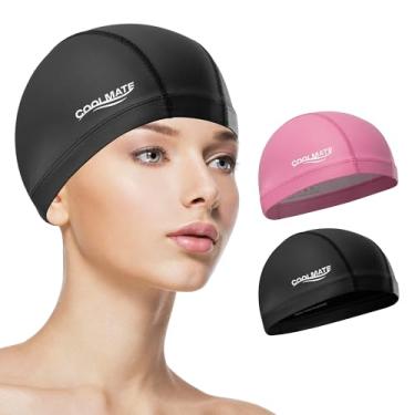 Imagem de COOLMATE Pacote com 2 toucas de natação de tecido para mulheres adultas e homens, camada de silicone resistente à água, touca de natação de tecido presentes para nadadoras, leve e confortável (2 peças