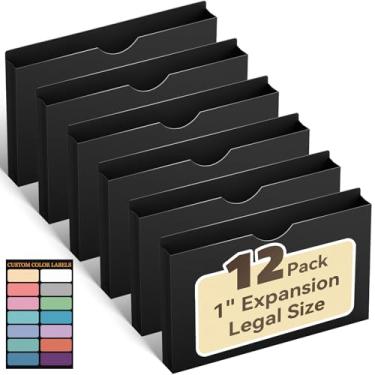 Imagem de ANSOOK Jaquetas de arquivo de plástico reforçado, pasta de arquivo de expansão resistente de 2,5 cm, pacote com 12 bolsos para arquivos Manila, pasta de arquivo tamanho ofício, aba reta, pasta preta