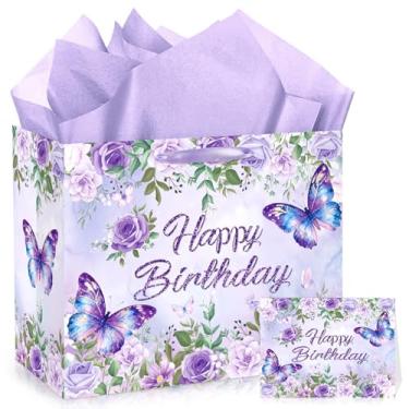 Imagem de LUUFILx Bolsa de presente de aniversário de borboleta para meninas e mulheres, bolsa de lembrancinha de festa de flores de borboleta com cartão de papel de embrulho, bolsa de presente floral roxa rosa