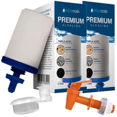 Imagem de Kit Completo para Filtro de Barro Oasis – 2 Velas Tripla Ação Alcalinas + 1 Torneira Clic Marrom + 1 Boia Smart | Refil para Filtros por Gravidade | Cerâmica, Carvão Ativado e Prata Coloidal