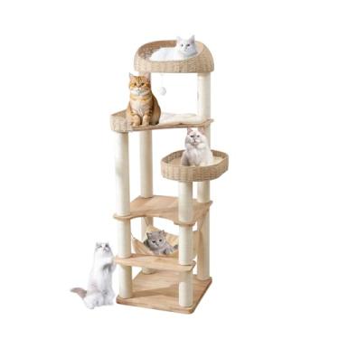 Imagem de JLDUQKUM Árvore de madeira para gatos internos, torre de gato de 152 cm de altura com poste arranhador para gatos grandes, condomínio para gatos de madeira maciça com cesta tecida à mão, torre moderna