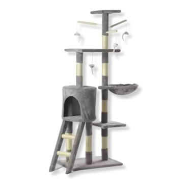 Imagem de Árvore para Gatos 140 cm | Playground com Ninho Grande, Sisal Natural, Rede, Brinquedos e Pelúcia Premium | Conforto e Diversão para Gatos de Pequeno, Médio e Grande Porte (Cinza Claro)