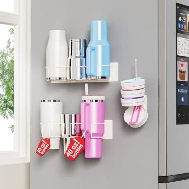 Imagem de Suporte magnético Stanley para organizador de geladeira para copos, tampas e acessórios com economia de espaço para geladeira e cozinha (fileira dupla branca, 6 copos + suporte de tampa)