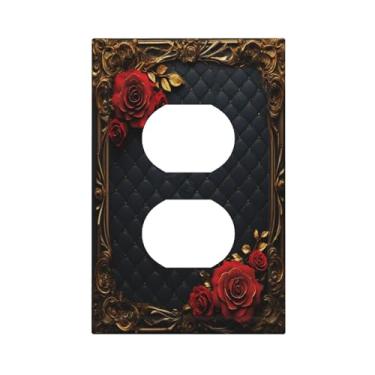 Imagem de Capas decorativas rosa vermelha floral vintage ouro barroco luxo 1 gangue duplex interruptor de luz placa de interruptor elétrico placas de parede capas de receptáculo para decoração de cabana de