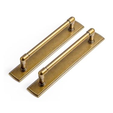 Imagem de Goo-Ki Pacote com 2 puxadores de armário com espaçador de placa traseira, ferragens de cozinha de liga de zinco de latão antigo de 12 cm para gaveta de bar, 2367-GT-128-G011