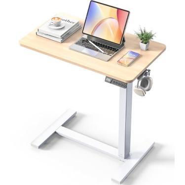 Imagem de YOLEZO Mesa elétrica ajustável de altura – mesa de laptop portátil pequena com rodas ocultas, pequena estação de trabalho de computador para uso de cabeceira e escritório em casa (71 x 40 cm, carvalho