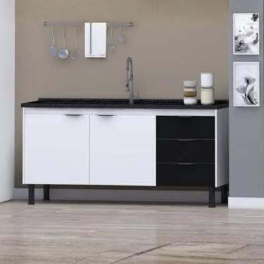 Imagem de Gabinete Cozinha 144cm Armário 2 Portas e 3 Gavetas 100% Mdf (Branco/Preto)