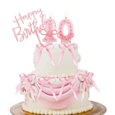 Imagem de Vela de laço rosa número 10 para bolo de aniversário com 6 fitas - 7 cm grande glitter rosa decoração de aniversário para festa de 10 anos, aniversário e artigos de festa de meninas