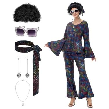 Imagem de Fantasia feminina de discoteca dos anos 70 - Roupa de discoteca dos anos 70 com peruca, brincos, óculos, colar, faixa de cabeça, top de lantejoulas e calcinha de sino, Preto, GG