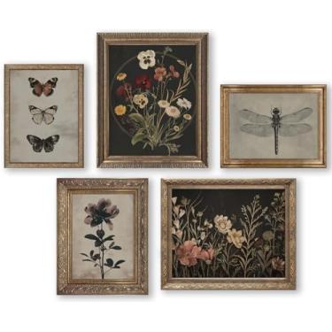 Imagem de 5 peças vintage borboleta floral arte de parede Moody Botanical Insect Pictures decoração de parede flores rústicas e insetos animais pôsteres libélula escura pintura em tela para quarto Cottagecore