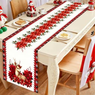 Imagem de Caminho de mesa festivo de Natal, design de alce de flor vermelha, corredor de mesa de poliéster para decoração de jantar de festa de fazenda de inverno