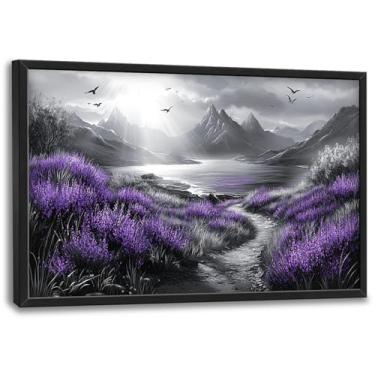 Imagem de Olivine Arte de parede grande, decoração de parede de imagens de paisagem, pintura de montanha preto e branco, impressões em tela de cenário de natureza roxa, arte emoldurada para sala de estar