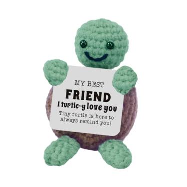 Imagem de Adorável tartaruga rochetada à mão – Acompanhante de apoio emocional positivo de 7 cm com cartão motivacional, decoração de mesa divertida para escritório/casa, presente para amigos/colegas