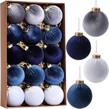 Imagem de 21 peças de enfeites de bola de Natal de veludo 8 cm conjunto de decorações de árvore de Natal inquebráveis com ornamentos de papel para decoração de Natal para escritório e decoração de casa (azul
