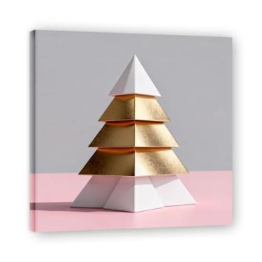 Imagem de Moldura interna. Arte moderna de presente de Natal, arte geométrica de árvore rosa empoeirada e dourada, tela emoldurada pronta para pendurar para uma casa de férias elegante. A24. 80 x 80 cm - 31,5 x