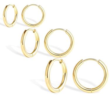 Imagem de Poxtex Brincos de argola pequenos para mulheres, hipoalergênicos, banhados a ouro real 14K, conjunto de brincos de cartilagem para vários piercings e joias leves, Cobre, Sem pedra preciosa