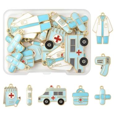 Imagem de MakemadeDIY 18 peças sortidos amuletos médicos fofos para fazer joias, estojo médico, ambulância, medcial, band-aid uniforme de enfermeira, pulseiras faça você mesmo, colares e brincos, azul celeste