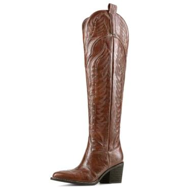 Imagem de GPXGPX Botas femininas de cowboy bordadas acima do joelho, botas ocidentais, panturrilha, salto grosso, bico fino, cano alto, botas de equitação cowgirl, Marrom, 37