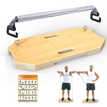 Imagem de J Bryant Plataforma de banda de resistência de bambu com âncoras de parafuso de olhal – Inclui faixas de resistência de tubo com alças e barra de banda de resistência, para exercícios de força