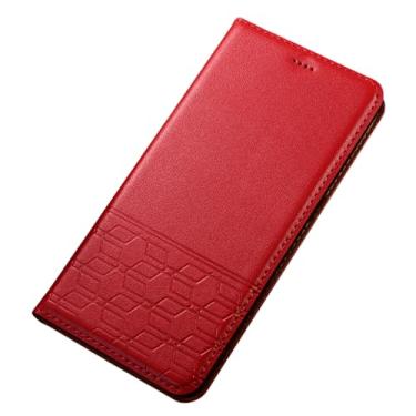 Imagem de POYUFRG Capa flip para Xiaomi 17 Pro Max/17 Pro/17, capa de couro bovino genuíno, carteira magnética com compartimento para cartão, vermelha, 17 Pro