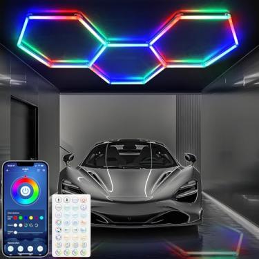 Imagem de Luzes hexagonais RGB - 4 modos de música, luzes LED hexagonais reguláveis, 358 modos de cor, controle remoto, IP54 à prova d'água, faça você mesmo para sala de jogos, academia, festa, bar