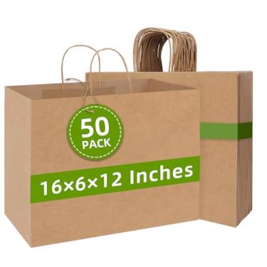 Imagem de Johuivo Sacos de papel marrom com alças, pacote com 50, sacolas de compras de papel e sacolas de presente, sacola de papel kraft a granel para pequenas empresas, mercearia, almoço, lembrancinhas de