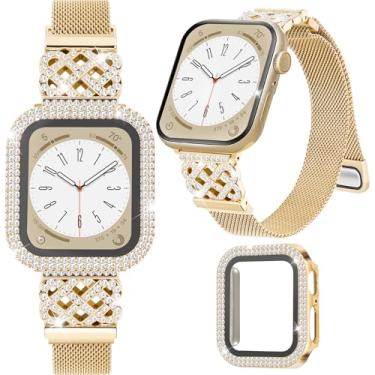 Imagem de Pulseira feminina de metal dourado para Apple Watch Series 9, 8 e 7 de 41 mm, com capa de relógio brilhante, elegante pulseira magnética fina para Apple Watch para meninas, pulseira elegante de malha