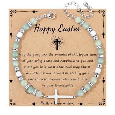 Imagem de JoycuFF Presentes Cristãos para Mulheres Pulseira Cruzada Fé Páscoa Católica Religiosa Joias Cristãs, Batismo Significativo Comunhão Contas Naturais Pulseiras, 7, Sem Pedra Preciosa