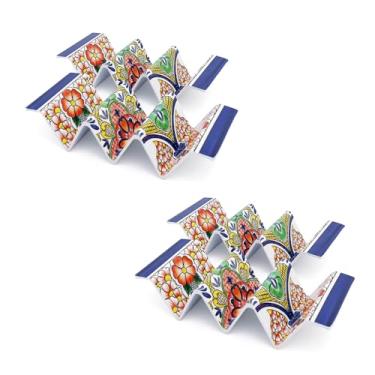 Imagem de TP Conjunto de 4 suportes de taco, bandejas de melamina com alça, comporta 3 tacos, pode ser lavado na lava-louças, ideal para tacos noturnos, festas, casa, festa, festa e azulejo Talavera