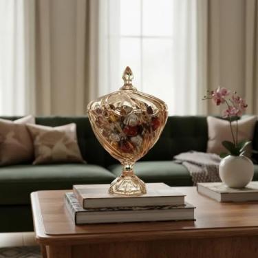 Imagem de Jogo 6 Xícaras de Vidro 110ml com Bomboniere Dourada 23cm, Transparente, para Café e Decoração