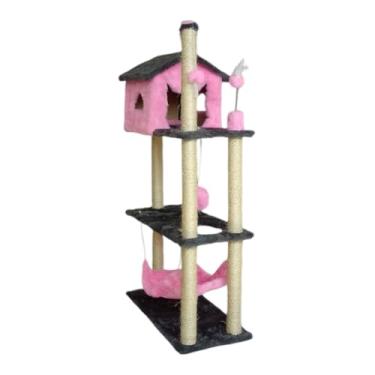 Imagem de Arranhador Para Gatos Casa Alta E Playground Plataformas Com Torre, Rede Grande, Poste Sisal, Brinquedo E Bola De PelúCia - Miupet(PINK)