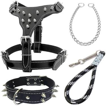 Imagem de Peitoral Ajustável para Cachorro com Cravos, Coleira e Guia Antipuxão - Ideal para Raças como Pit Bull, Rottweiler, Bull Terrier, American Bully, Boxer(Preto)