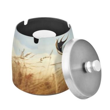 Imagem de Blueangle Cinzeiro de veado de campo de trigo com tampa para cigarros, à prova de vento/à prova de chuva, aço inoxidável, sem fumaça, inodoro, cinzeiro para uso interno ou externo (534)