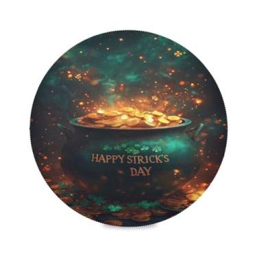 Imagem de Blueangle Jogo americano redondo de pote dourado do Dia de São Patrício, conjunto de 4 tapetes de mesa de poliéster, fácil de limpar, resistente ao calor, limpável, para mesa de jantar (461)