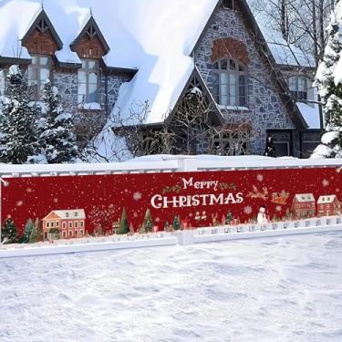 Imagem de HOMETITUTE Faixa de Feliz Natal 395 x 50 cm Vermelho Inverno Vila Santa Trenó Pano de Fundo de Natal Exterior Decorações de Natal para Parede Quintal Varanda Cerca Festa Feriado Fundo Foto Fundo