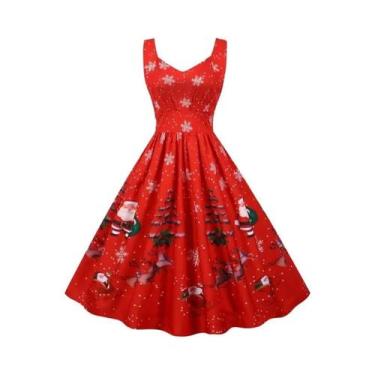 Imagem de Vestido Vintage De Natal Para Mulheres, Midi Com Alças Finas, Estampa 