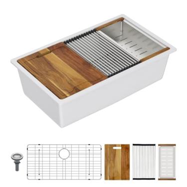 Imagem de Lordear Pia de cozinha composta de granito branco de 81 cm 81 x 48 cm estação de trabalho Quaitz pias de cozinha embaixo do balcão tigela única