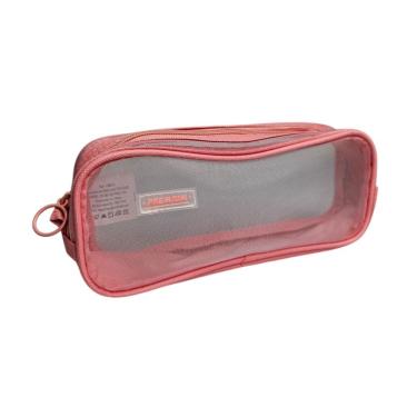 Imagem de Estojo Escolar Tela Transparente Rosa Premium Canetas Lápis Ensino Médio Fundamental Universidade