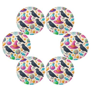 Imagem de Wassud Jogo americano conjunto de 6 chapéus de bruxa coloridos tapetes de mesa redondos para cozinha e jantar tapetes laváveis resistentes ao calor decoração de mesa 39 cm