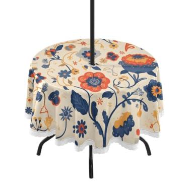 Imagem de CEBUGI Toalha de mesa redonda para uso ao ar livre, estampa floral, impermeável, com furo Umberlla, capa de mesa lavável para pátio, cozinha, sala de jantar, 152 cm