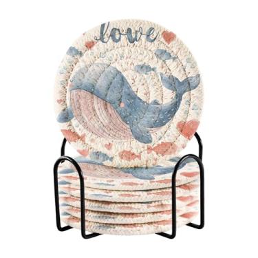 Imagem de Wassud Porta-copos de bebida com suporte conjunto de porta-copos de tecido absorvente de baleia de desenho fofo para decoração de casa, proteção de mesa, 6 peças