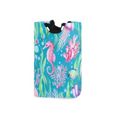 Imagem de xigua Cavalo marinho subaquático grande cesto de roupa suja com alça, cesto de roupas dobrável para organização de brinquedos e roupas no quarto, banheiro e lavanderia