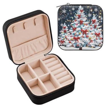 Imagem de Wassud Caixa de joias de viagem de árvore de Natal prateada para mulheres, meninas, senhoras, noiva, mini organizador de joias de couro PU, caixa quadrada de armazenamento de joias para brincos, anéis